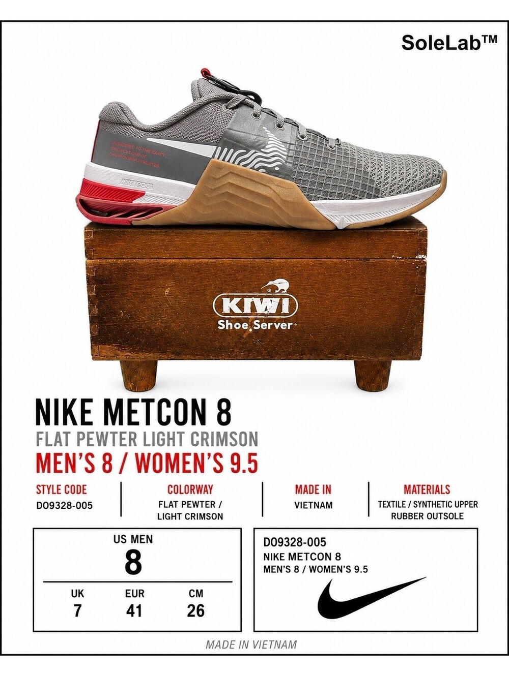Nike Metcon 8 Flat Pewter Light Crimson Men’s 8 Women’s 9.5 DO9328-005 Training